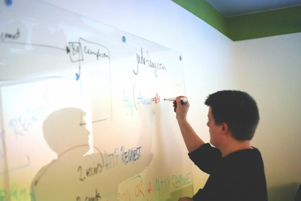 A person sketching a plan on a whiteboard wall