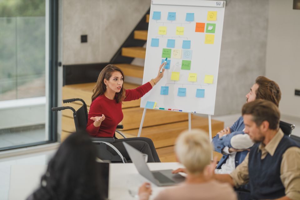 A woman in a wheelchair points at a flip chart of sticky notes while colleagues listen.