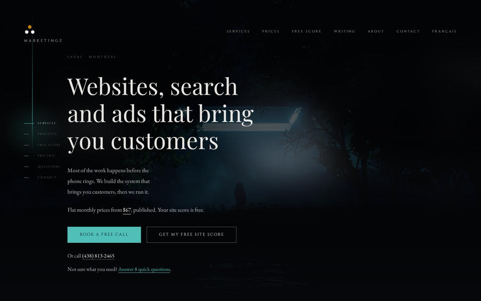 Page d’accueil de CampaignCrush sur ordinateur : le titre sur les sites, la recherche et la publicité, avec les boutons d’appel et de score gratuit.
