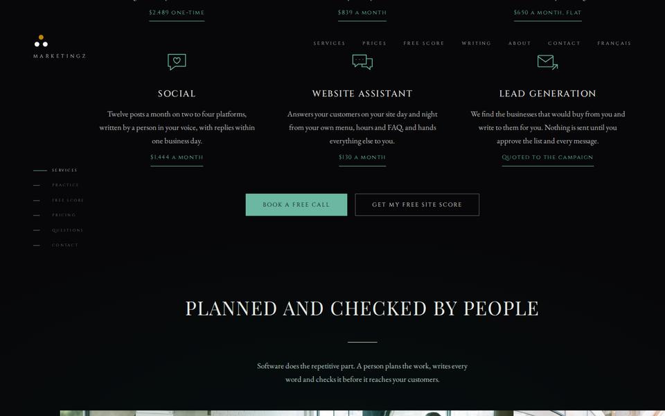 Suite de la liste des services de CampaignCrush : médias sociaux, assistant web et génération de prospects.