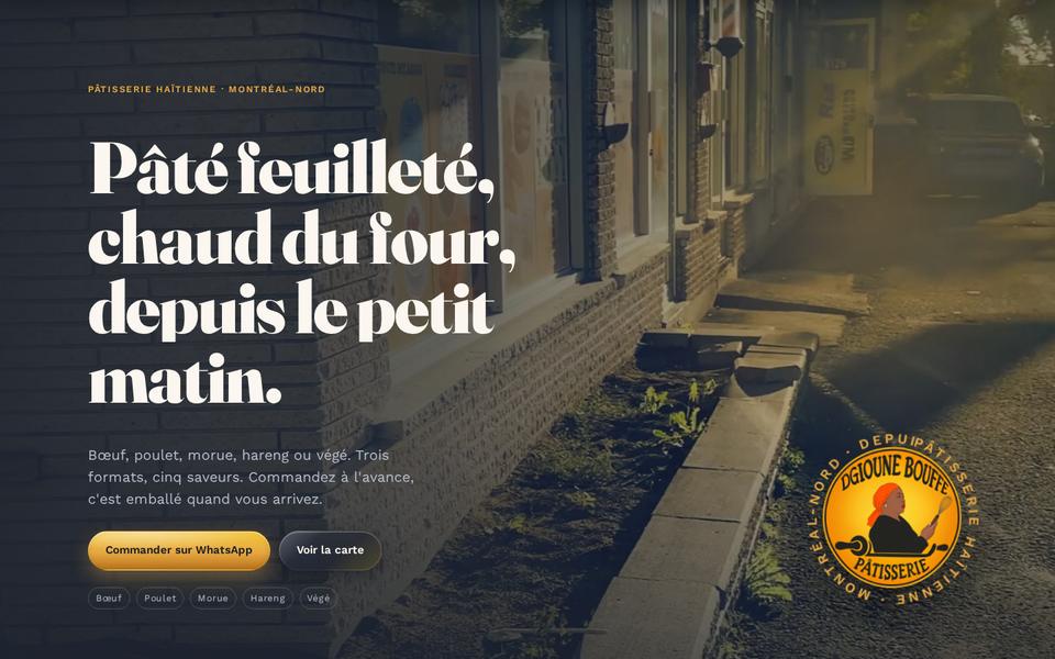 Page d’accueil de Dgioune Bouffe sur ordinateur : la devanture d’une pâtisserie haïtienne au soleil couchant et le titre sur le pâté chaud du four.