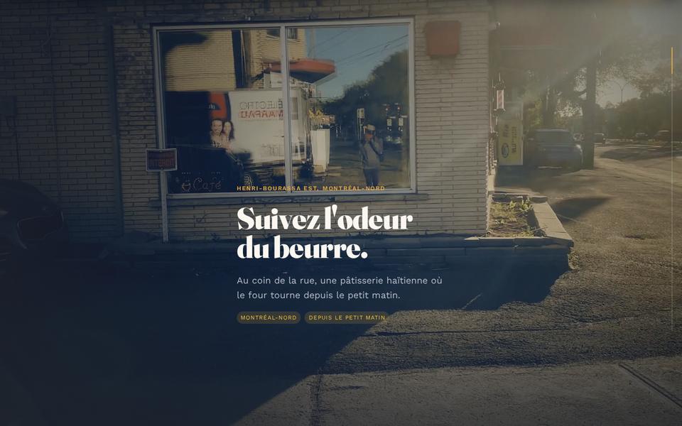 Section de Dgioune Bouffe sur ordinateur, avec la photo de la devanture et la phrase sur l’odeur du beurre.