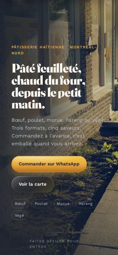 Page d’accueil de Dgioune Bouffe sur téléphone, avec le bouton pour commander sur WhatsApp.